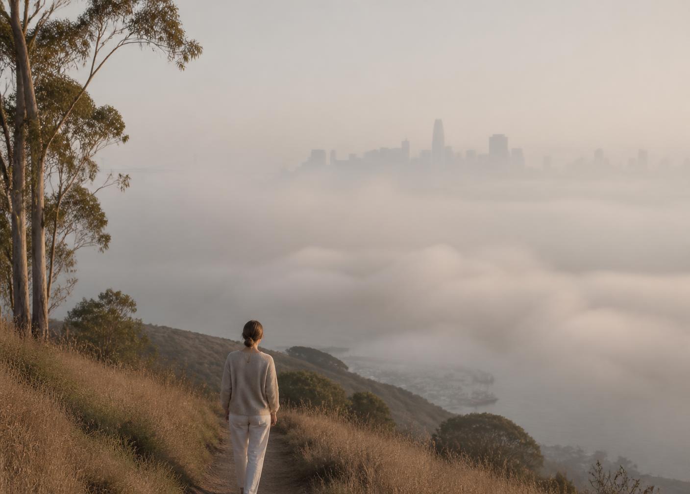 A person walking a coastal trail through early fog with the San Francisco skyline and bay barely visible in the distance, eucalyptus and golden grasses in the foreground