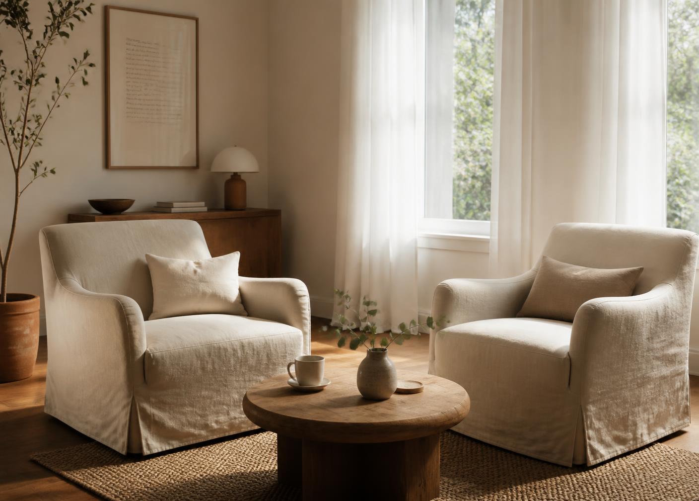 Two linen armchairs angled toward each other in a softly lit therapy office, morning light through tall windows, a wooden table with a ceramic tea cup and eucalyptus