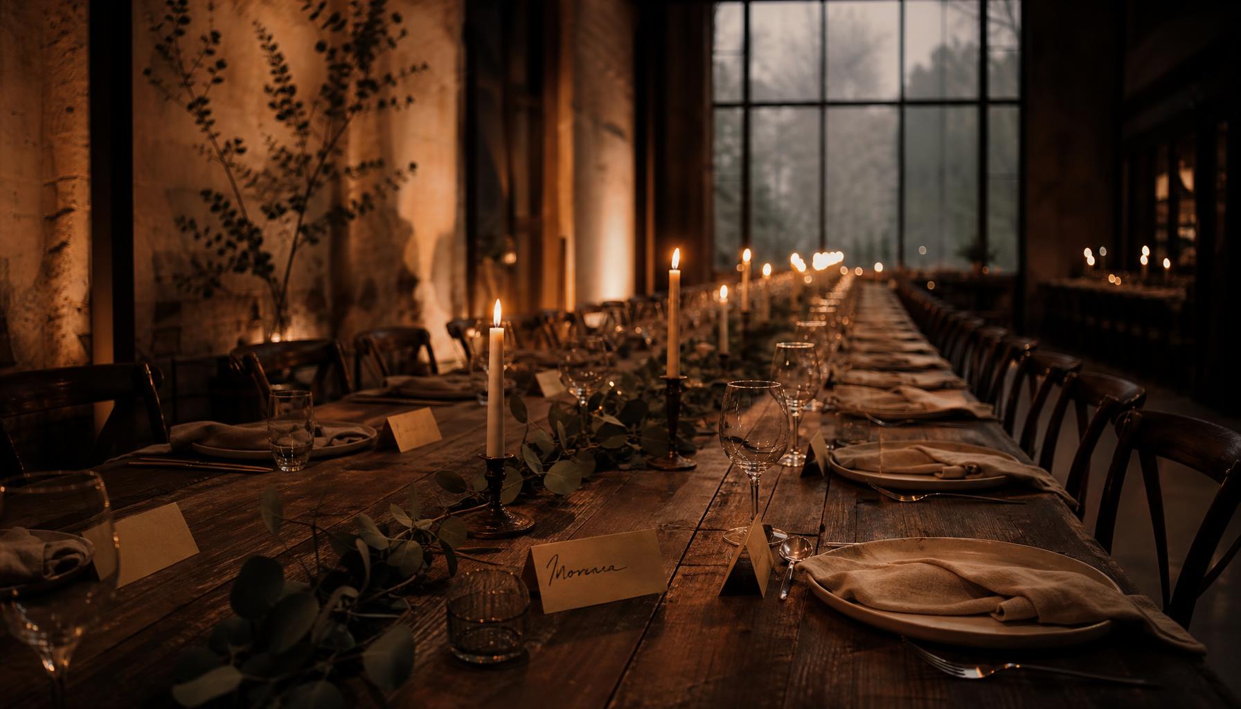 A long candlelit dinner table receding into a dusky room, set with linen, eucalyptus, handwritten place cards, and wine glasses