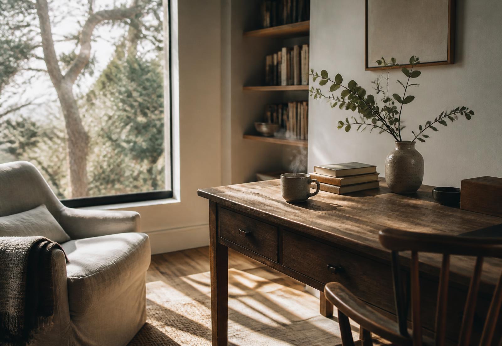 A sunlit therapy office: an old wooden desk with books, a cup of tea, and eucalyptus, hardwood floors, and Presidio trees outside the window