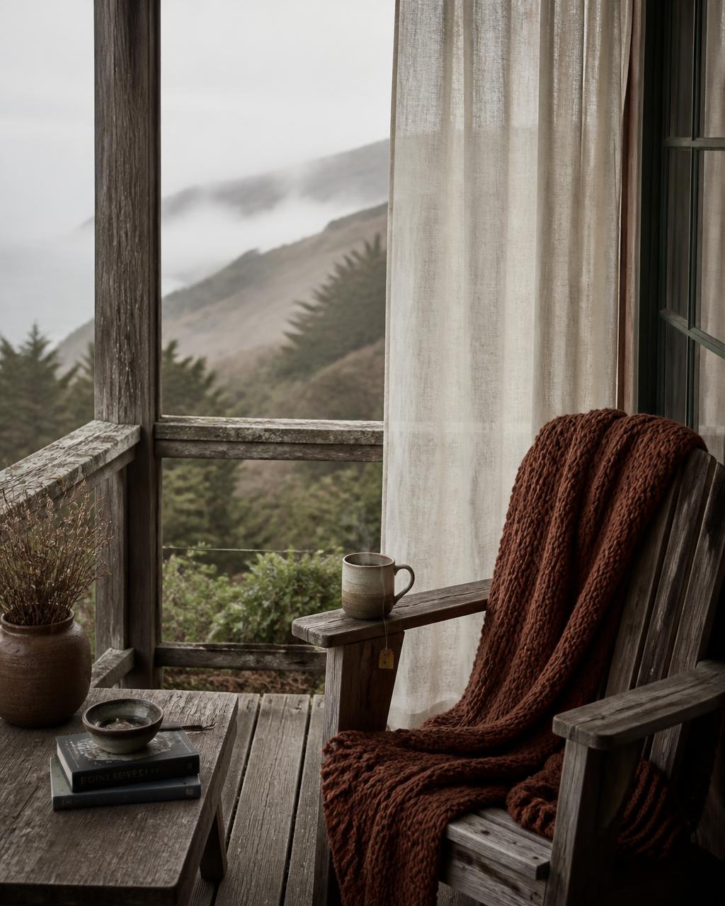A weathered wooden porch overlooking the foggy Point Reyes coast, with a wool blanket, tea mug, and open curtains